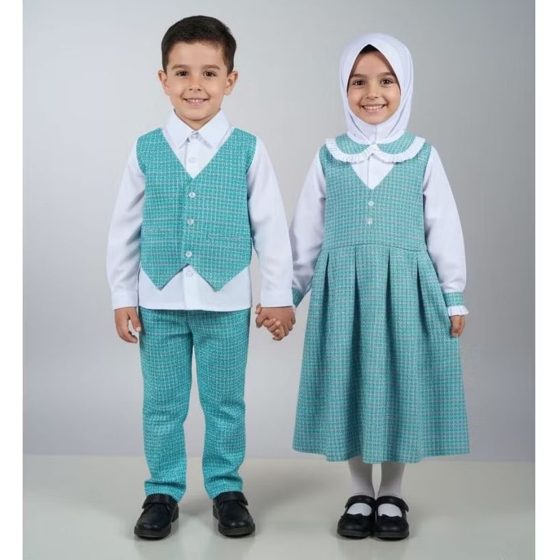 SERAGAM SEKOLAH TK VERSI GAMIS MOTIF KOTAK KOTAK COWOK DAN CEWEK SET HIJAB