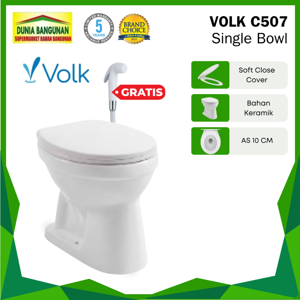 Closet Duduk Volk C507 Free Jet Shower Kloset Toilet Siram Single Bowl Volk Kloset Duduk