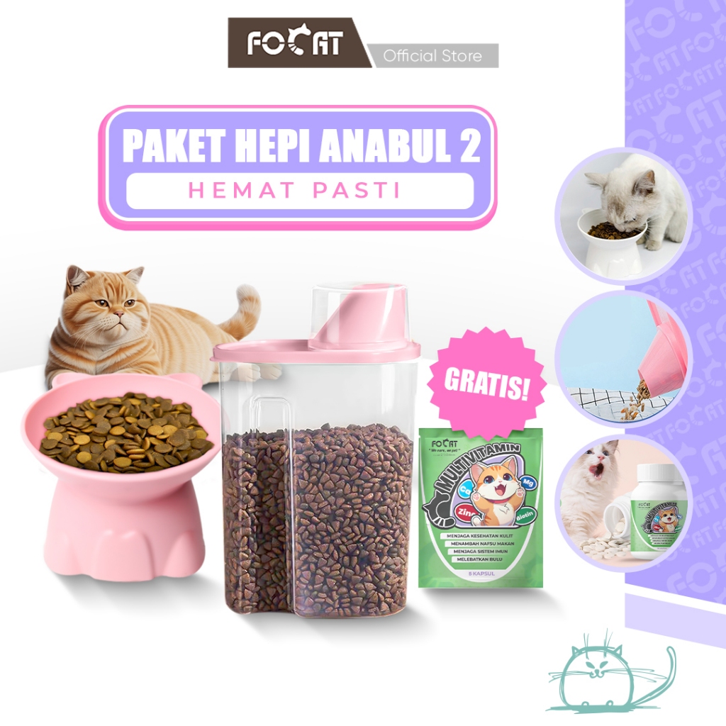 [PAKET HEPI 2] FOCAT Mangkok Kucing Anjing M92 Tempat Penyimpanan Makanan Hewan C82 GRATIS Multivitamin Kucing