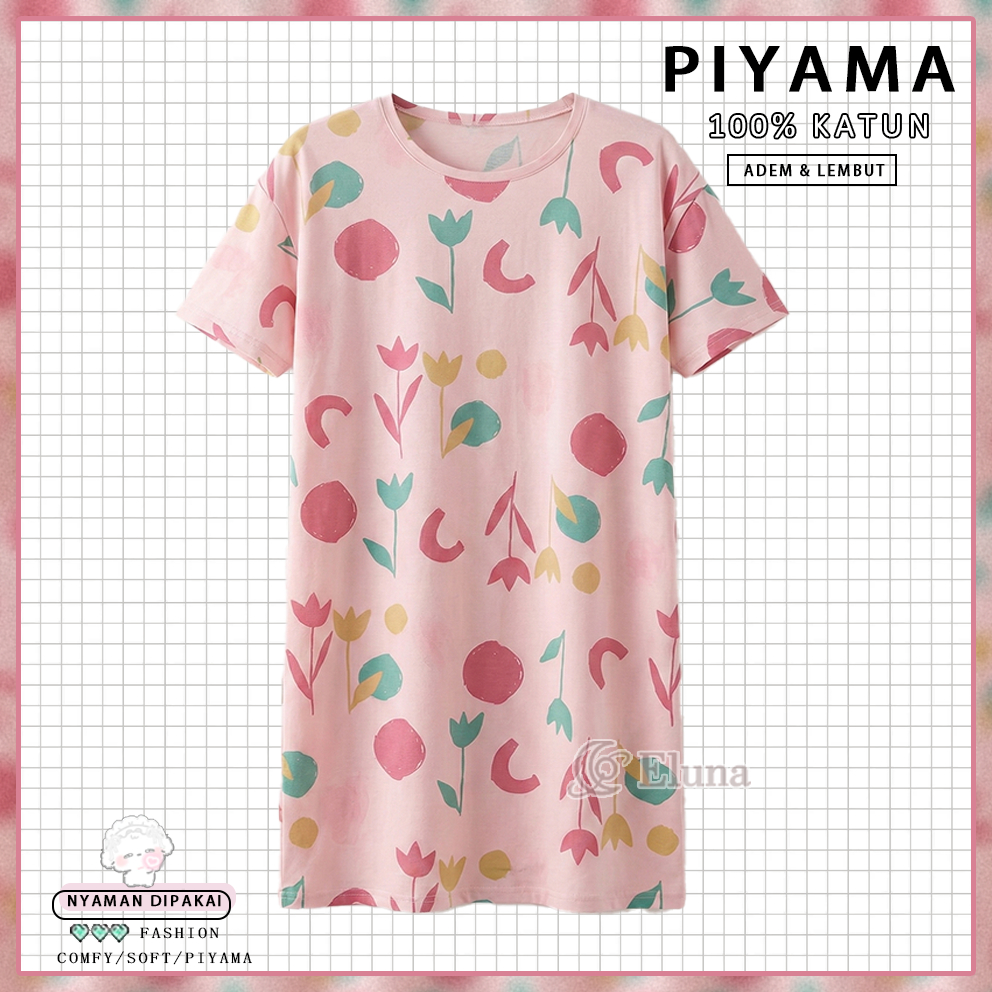 Eluna Daster Kaos Korea Motif Tulip Abstrak Viral | Baju Tidur Jumbo Wanita Katun Tebal Adem