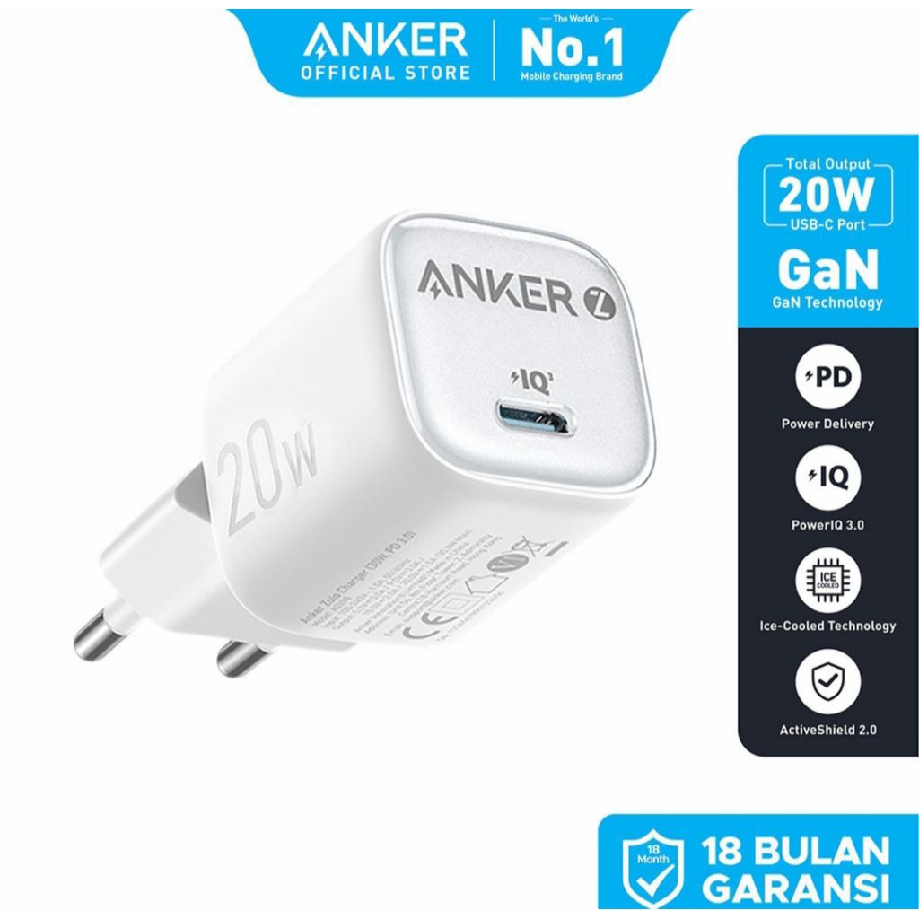 Adapter kepala charger Anker Zolo GaN 20W MFI fast charging