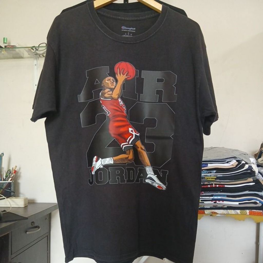 Kaos katun built up tanpa jahitan samping super tebal warna hitam kerah kencang CHAMPION second Orig