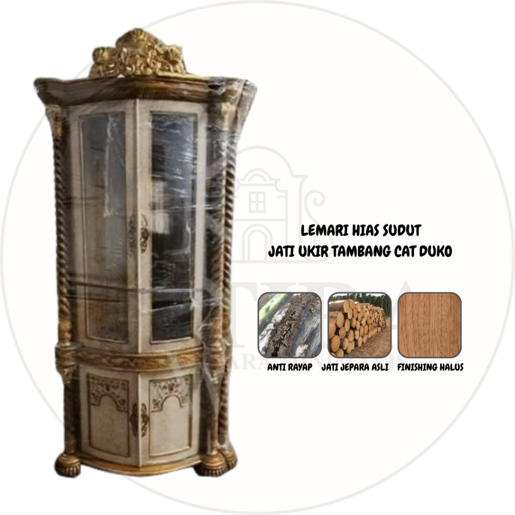 Lemari Hias Sudut Jati Ukir Tambang Cat Duko | Lemari Hias Sudut Jati Asli Jepara Murah Palembang