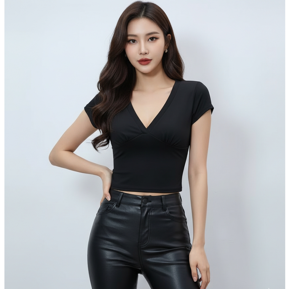 DEOLINE - Crop top Atasan Wanita V Neck Body fit short top kaos wanita korea