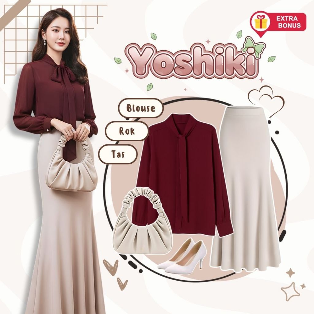 One Set 3in1 blouse dasi tali rok duyung scuba shoulder bag tas kerut | outfit wanita modern stylish