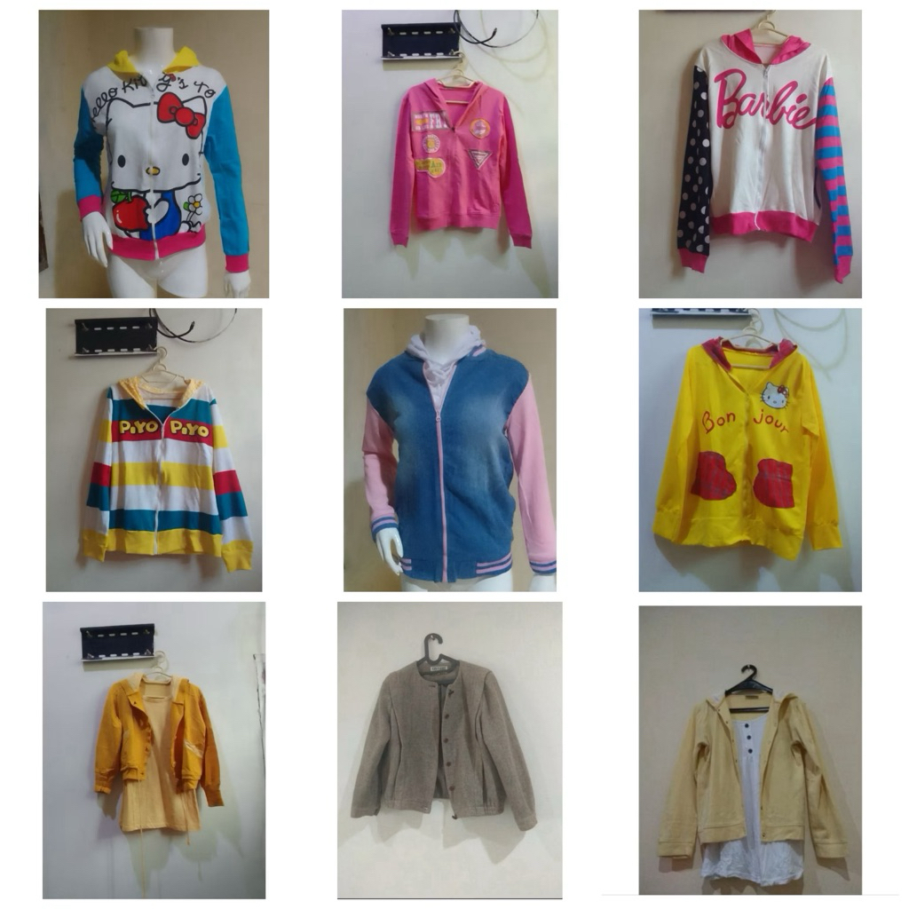 jaket preloved cardigan hoodie kitty piyo jeans garis polka pink biru kuning