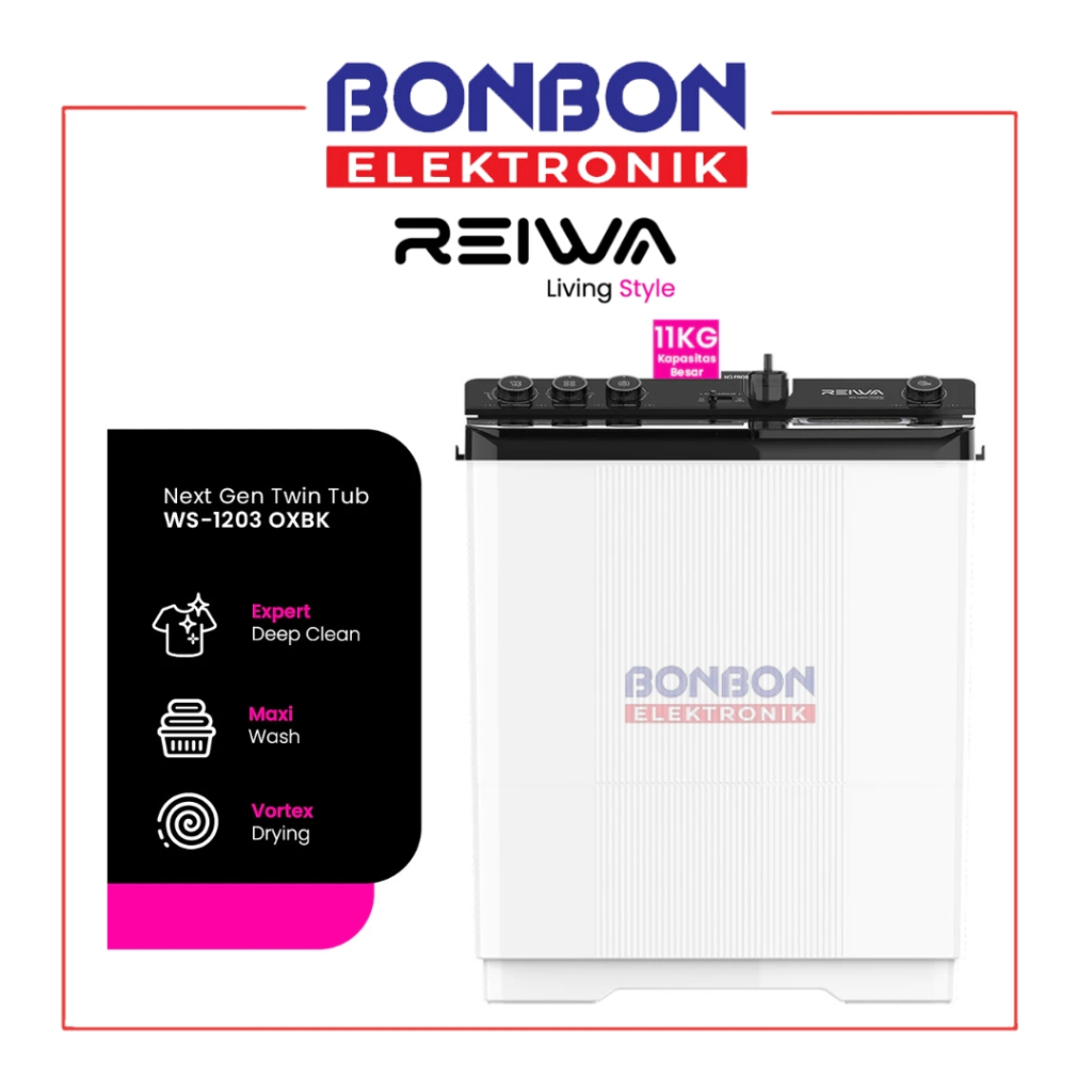 Reiwa Mesin Cuci 2 Tabung 11Kg WS-1203OXBK / WS 1203 OXBK / WS 1203 Onyx Black - Vortex Drying - GRA