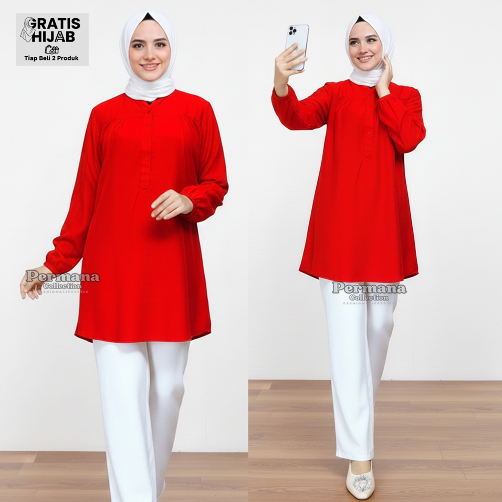 Fashion Busana Muslim Wanita: Baju Atasan Blouse Kemeja Lengan Panjang Warna Merah Jumbo Size Polos