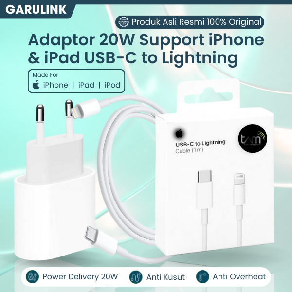 GaruLink Apple Adaptor Charger Lightning 20W Fast Charging Ngebut Anti Panas untuk iPhone 5/5s/6/6s/