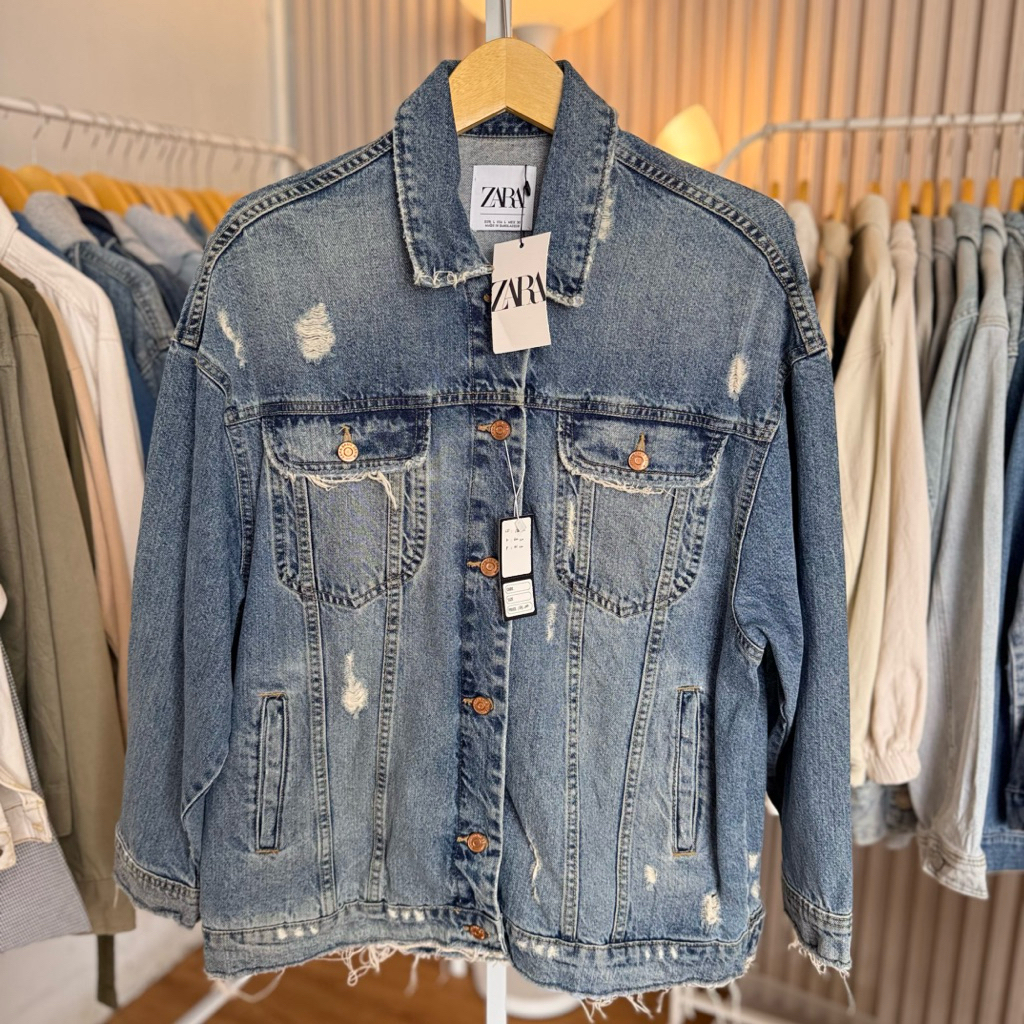 JACKET JEANS WANITA CEWEK DENIM RIPPED BRAND ZARA
