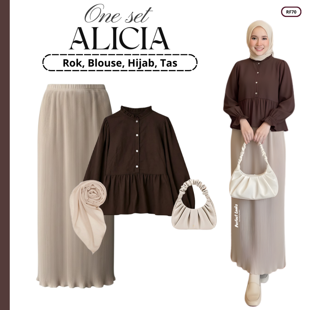 Outfit Kuliah Wanita | Rok Span Plisket, Blouse Alicia, Hijab, Tas | Setelan Mahogany RF70