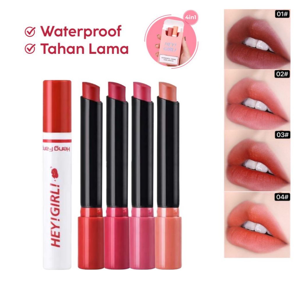 1 Box Isi 4 Warna Lipstick Korea Hey Girl Matte Waterproof Tahan Lama