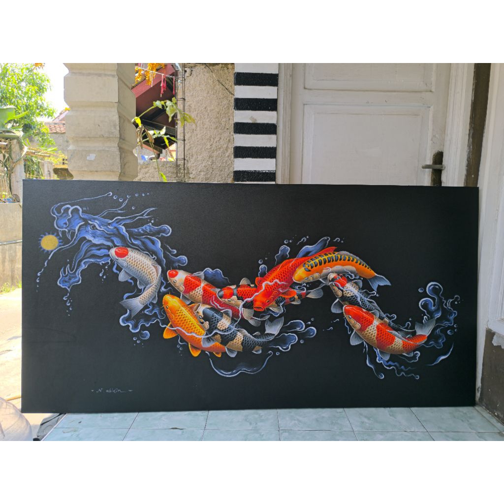 lukisan dinding ikan koi naga fengsui original handmade