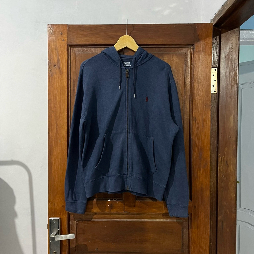[M-L] Polo Ralph Lauren Cotton Zip Hoodie Long Sleeve I Blue Logo Red I Vintage Vtg Retro Kemeja Gar