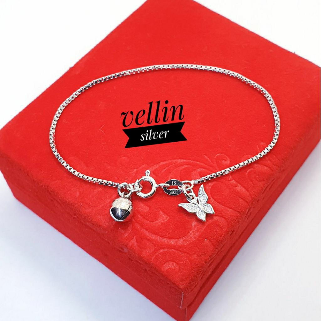 Gelang Tangan Rantai italy Silver 925 Lapis Emas Putih - Gelang Wanita Gantungan Kupu Kupu Perak 925