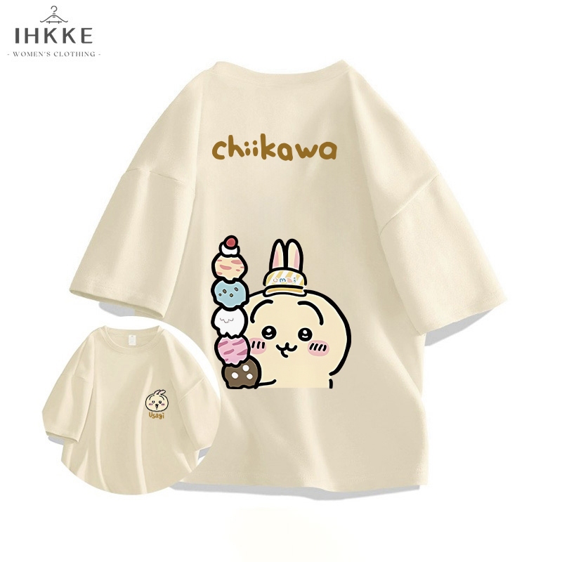 IHKKE Kaos Oversize Wanita | Chiikawa | Kartun Lucu Uzaki Motif Grafiti Kaos Cream | 100% Kaos Katun