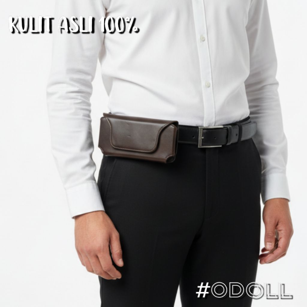 Tempat Hp Kulit Asli Pria Sarung Hp Pinggang Dompet Android Smartphone Single Model Tegak Vertikal d