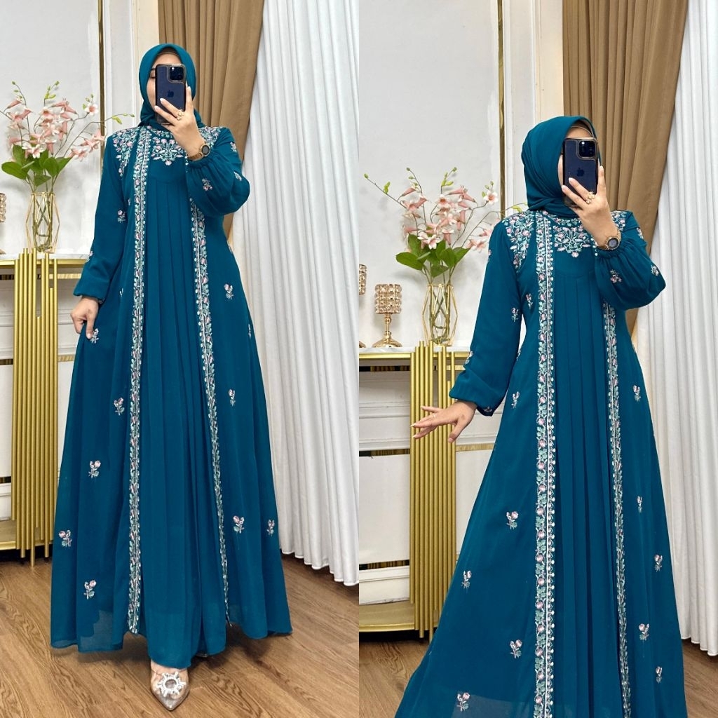 READY GAMIS MADINAH BORDIR SET HIJAB PREMIUM/GAMIS PESTA MOTIF BORDIR/GAMIS MEWAH PREMIUM
