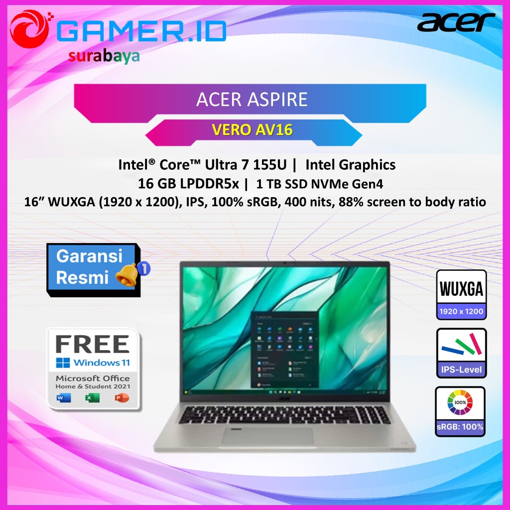 LAPTOP ACER ASPIRE VERO AV16 ULTRA 7 155U - 16GB 1TB 16.0WUXGA