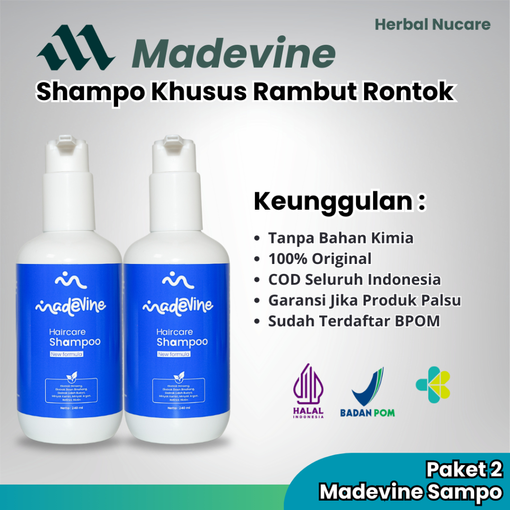 Madevine Shampoo Khusus Perawatan Rambut Rontok Sudah BPOM Paket 2 Pcs