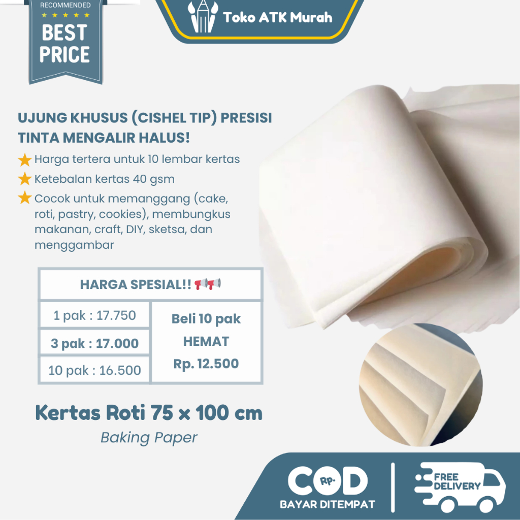 Kertas Roti / Baking Paper 75x100cm – 10 Lembar Tebal 40 GSM, Anti Lengket, Aman untuk Oven, Panggan