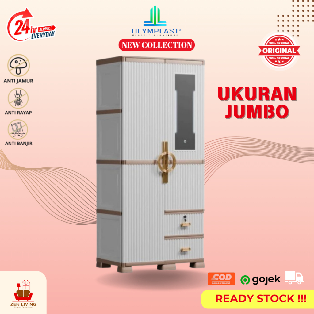 [READY STOCK] Lemari Plastik Olymplast Luxury 2P Anti Rayap / Lemari Pakaian Kaca LED