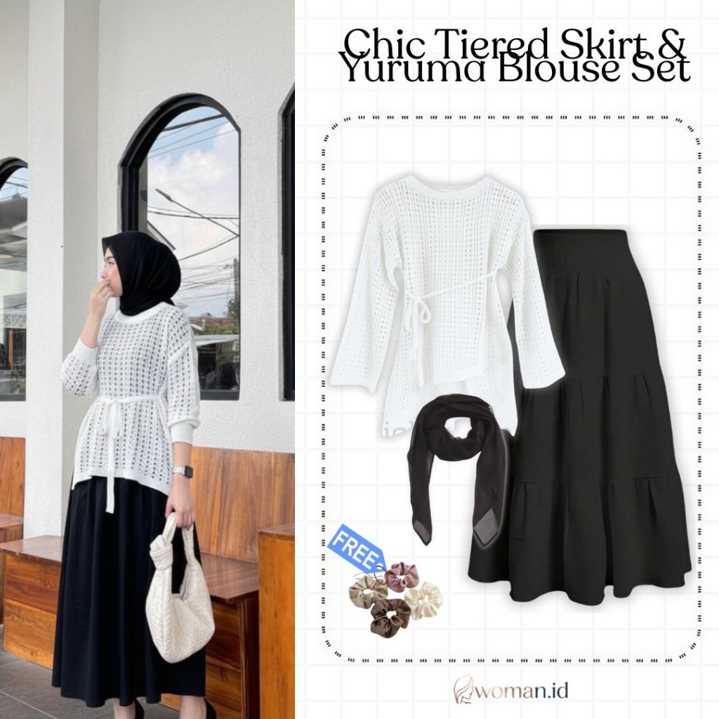 Set Wanita Kekinian 3in1 Blouse Rok Susun Hijab Segiempat ||Baju Satu Set Wanita Korea Kekinian