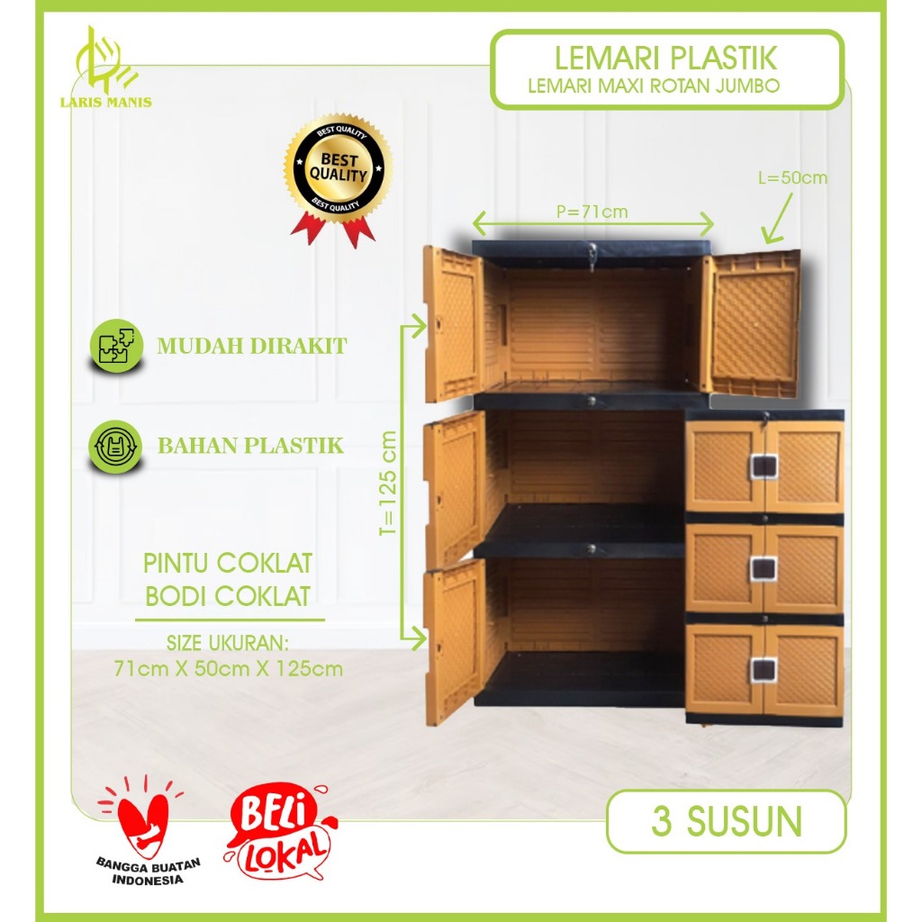 Lariss Maniss Lemari Plastik Jumbo Rotan 3 Tingkat / Lemari Pakaian Plastik 3 Susun / Lemari Plastik