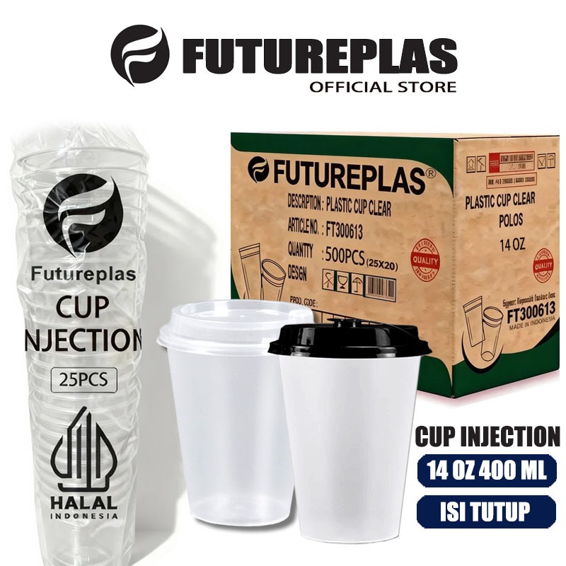 Futureplas Cup Injection 14oz 400ml Isi Tutup / Gelas plastik tebal / Cup Plastik Datar - 25 Pcs