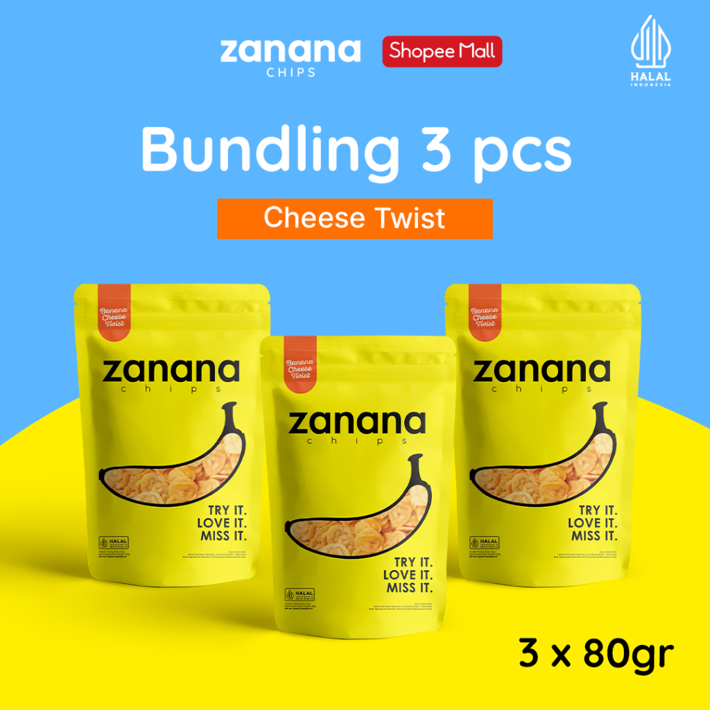 Zanana Chips Paket Cheese Twist 3 pcs | Keripik Pisang Bumbu Tebal dan Renyah