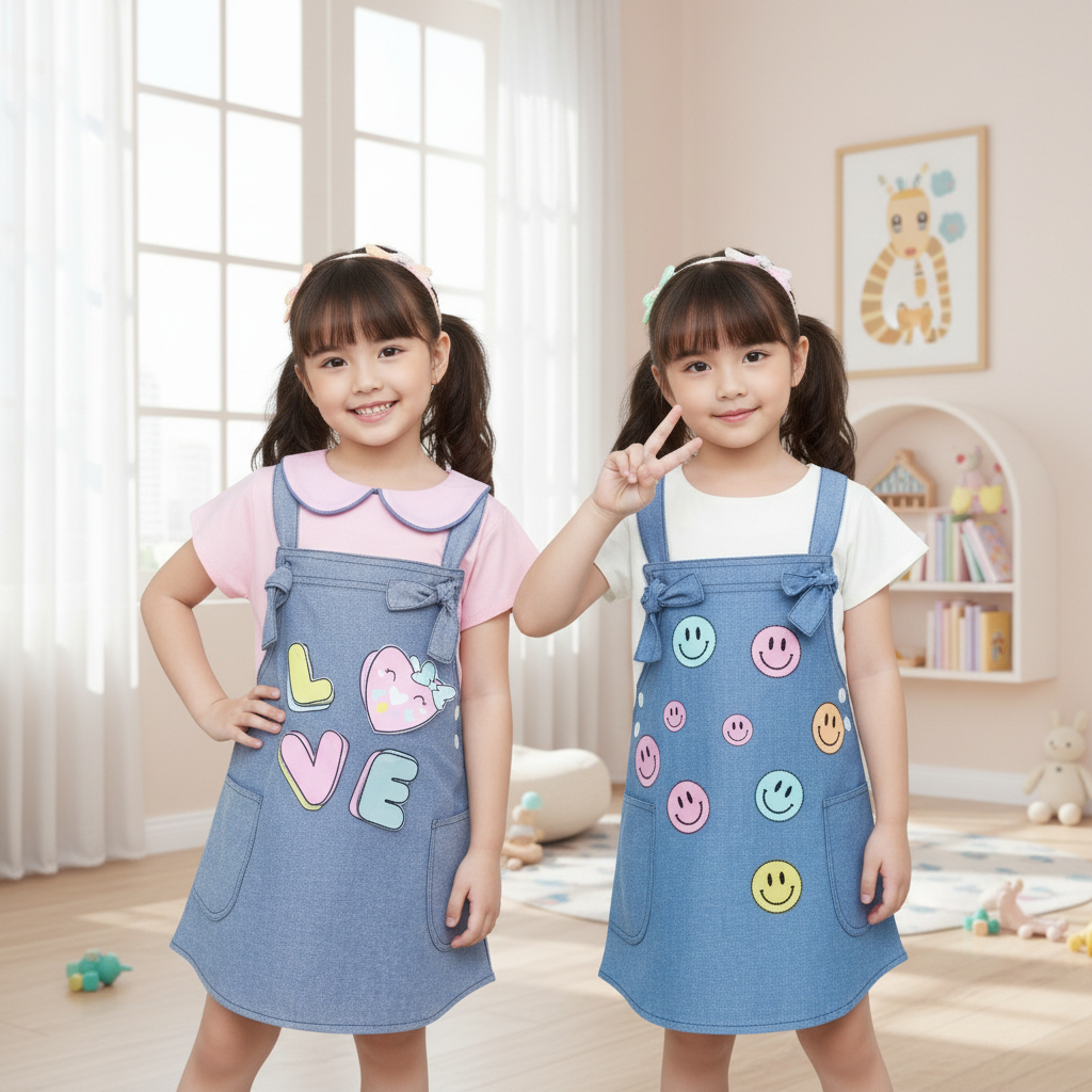 Two Mix - Baju Girls Dress Anak Perempuan Jeans Lucu Usia 1-8 Tahun - Gaun Mini Cewek 4137C 4137B