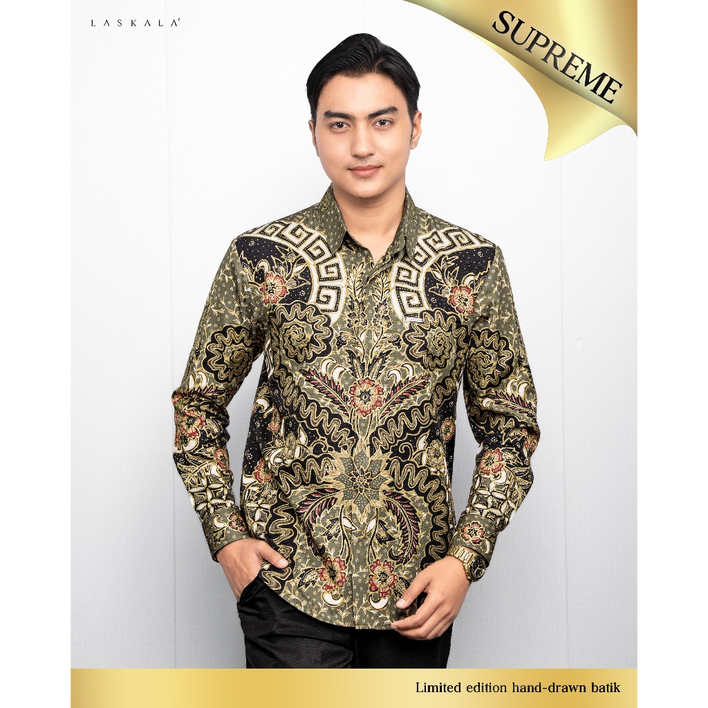 Laskala Batik Premium Suryavira Green Kemeja Batik Tulis Pria Slimfit Lengan Panjang