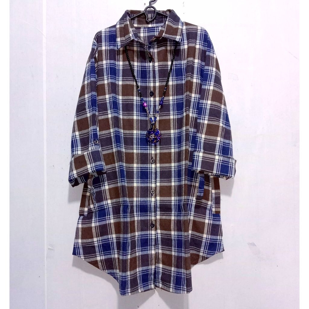 Tunik Wanita Kemeja Flanel Kotak / Kemeja Tunik Katun Flanel Lengan Panjang
