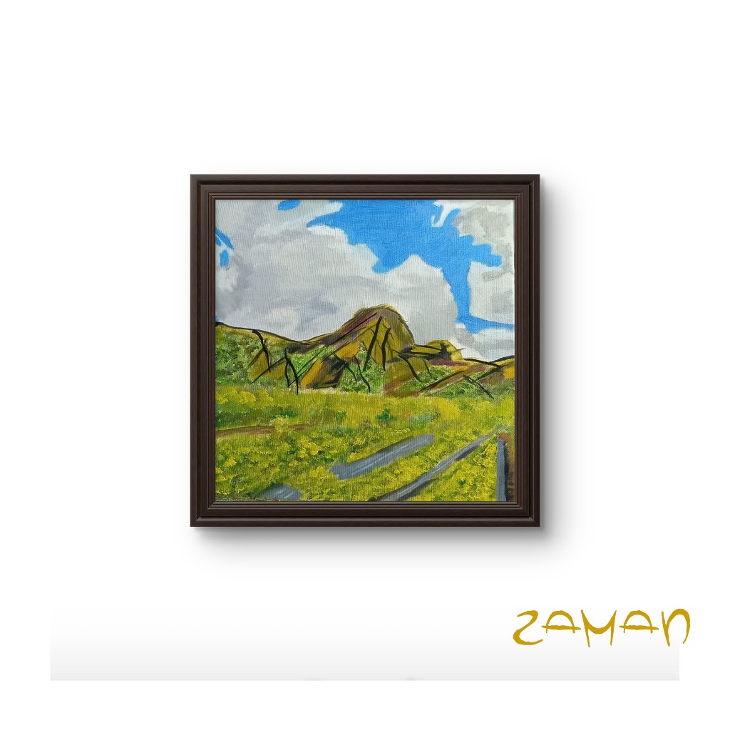 ZAMAN "Mountain Scenery" Lukisan Minyak Kanvas 30x30 cm dengan Pigura Floating Frame Walnut Brown Ka