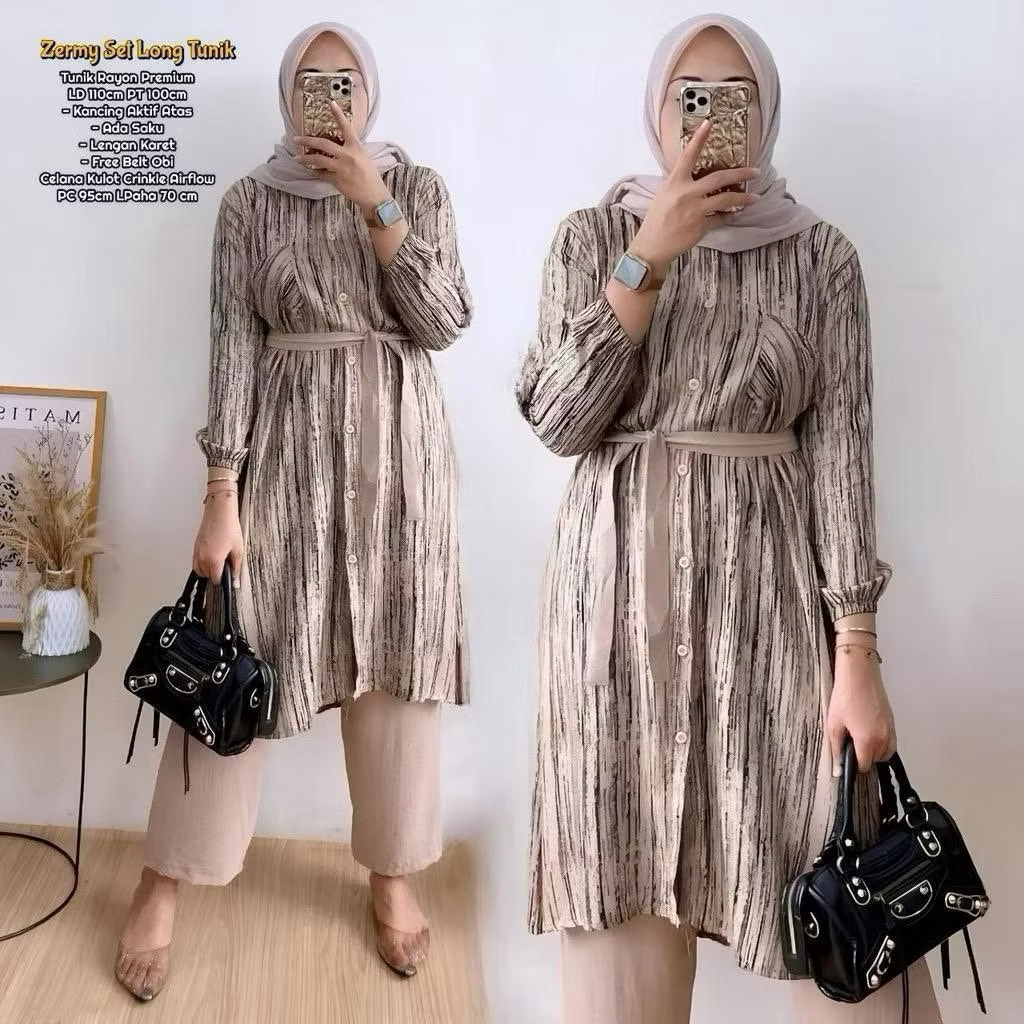 Oneset long tunik setelan wanita SINTIA motif wayang soft kekinian bahan rayon diamond by annaja