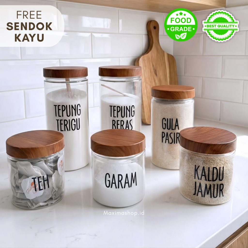 Toples Tempat Bumbu Dapur Estetik Motif Kayu Stiker Anti Air 200 ml 400 ml 600 ml 800 ml 1000 ml 130
