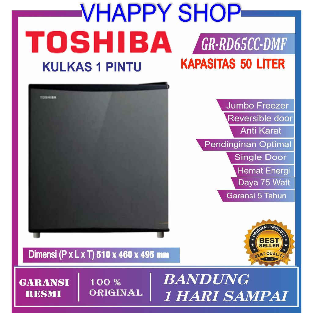 Kulkas 1 pintu mini bar 50 Liter TOSHIBA GR-RD65CC-DMF GRRD65 [BDG] Garansi Resmi