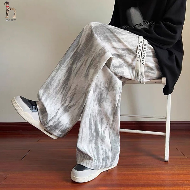 Olet Celana Santai Tie-Dye Gaya Amerika Pria Celana gombrong pria celana jogger celana corduroy pria