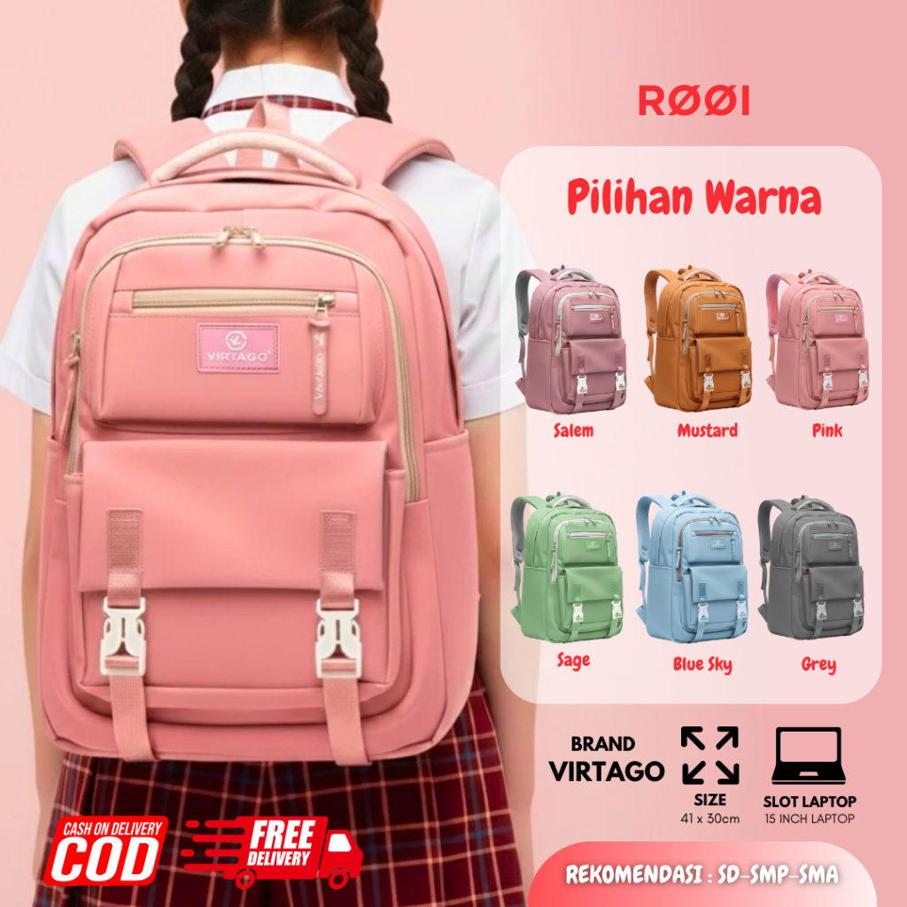 Tas Sekolah Anak Perempuan Premium Anti Air / Tas Ransel Sekolah Virtago SD SMP SMA
