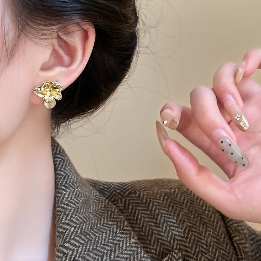 (SayGlowry)Anting Kucing Mata Kucing Bunga Emas Pengaturan Batu Mata Kucing untuk Anting Paduan Sisw