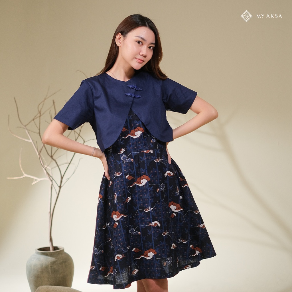 My Aksa Batik Wanita Dress Furing Pelana Navy