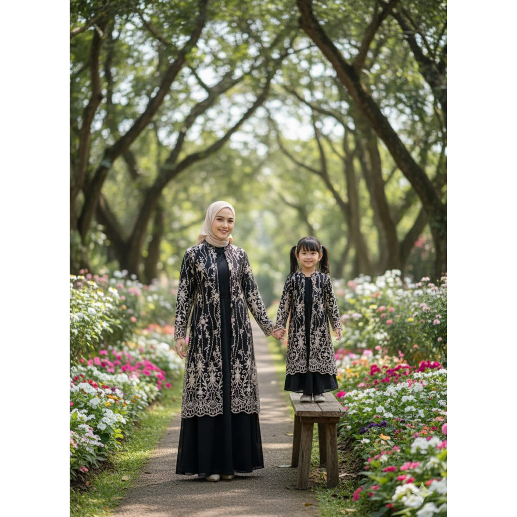 Gamis Couple Ibu dan Anak Tile Bordir Mewah - Set Baju Muslim Keluarga - Baju Kondangan Couple Mom d