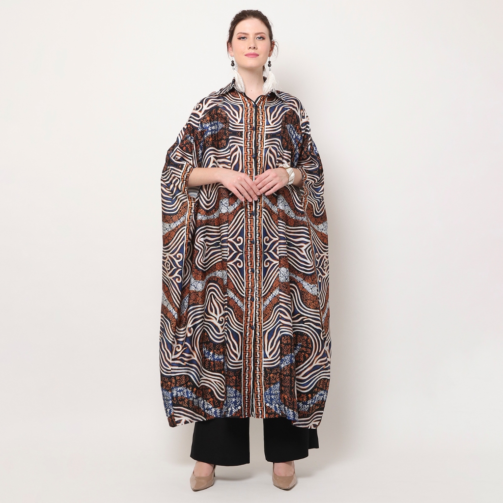 Kanzi Collection Brown Batik Button Kaftan -  Dress -  Wanita -  Satin -  Motif