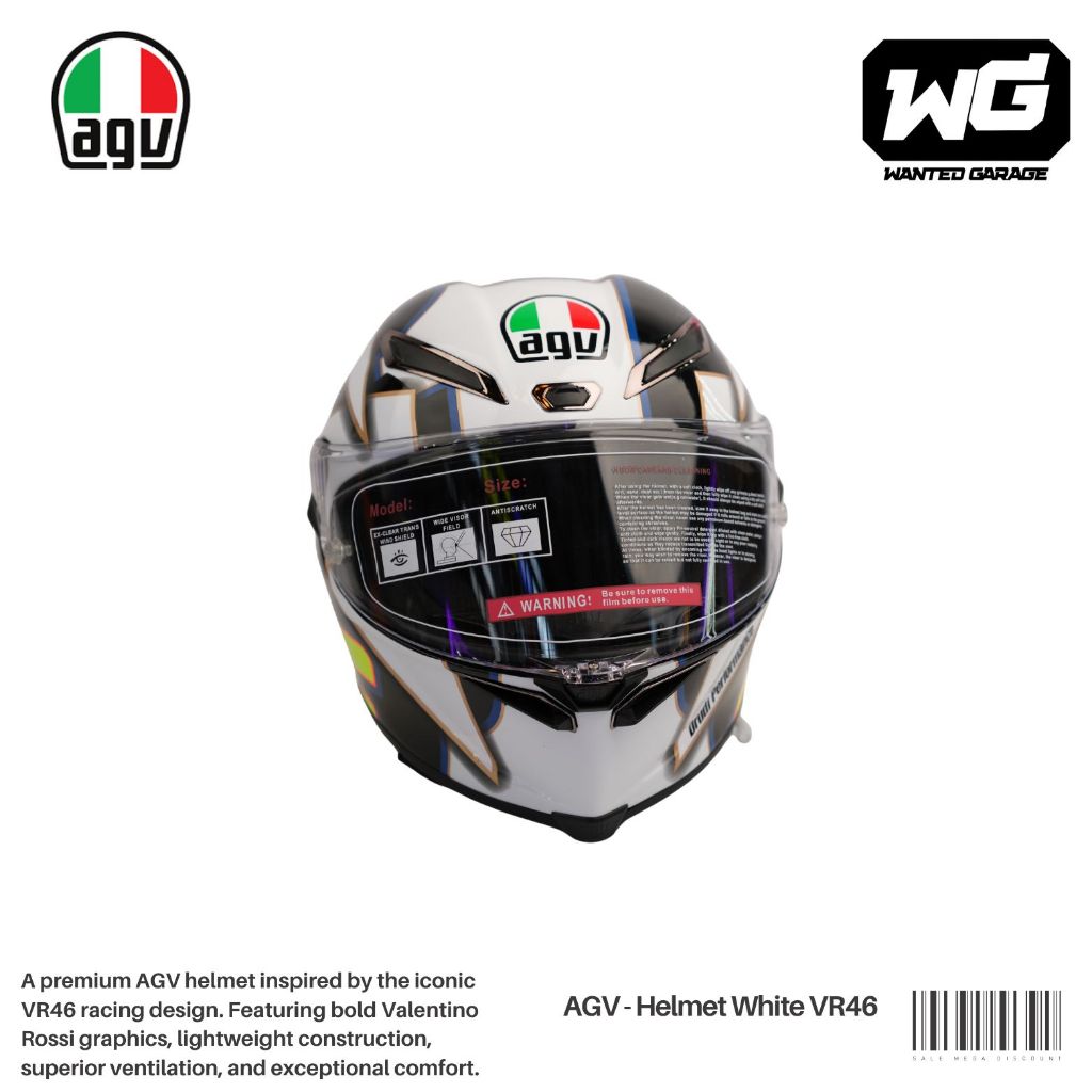 AGV Full Face Helmet White VR46 – Helm Motor Racing Style | Visor Clear | Desain Sporty