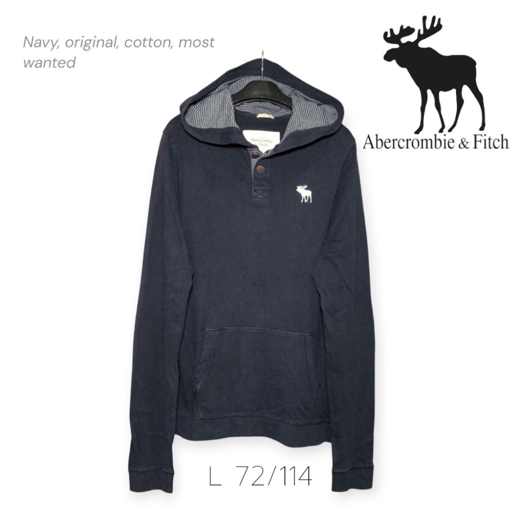 Abercrombie and Fitch Long Sleeves Slit Pullover Jaket Hoodie Katun Original Navy Size L