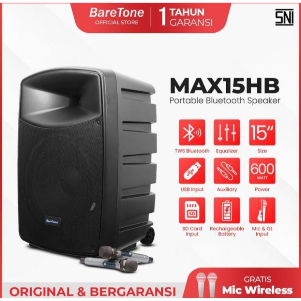 Baretone max15HB 600watt original 15 inch speaker portabel
