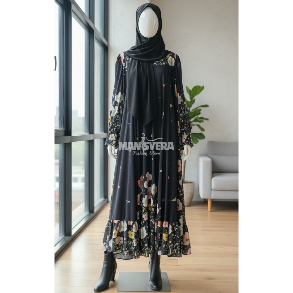Gamis Gaun Jubah Busana Muslim Wanita Hitam Motif Bunga Gelombang Long Dress