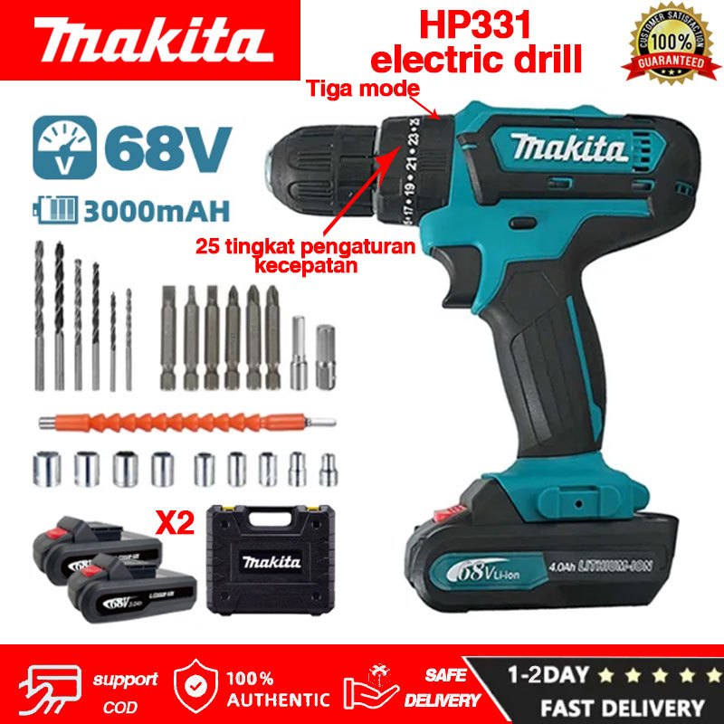Bor Listrik Makita HP331 Bor Listrik Tanpa Kabel Bor Tangan 68V Alat Obeng Listrik Bor Impact