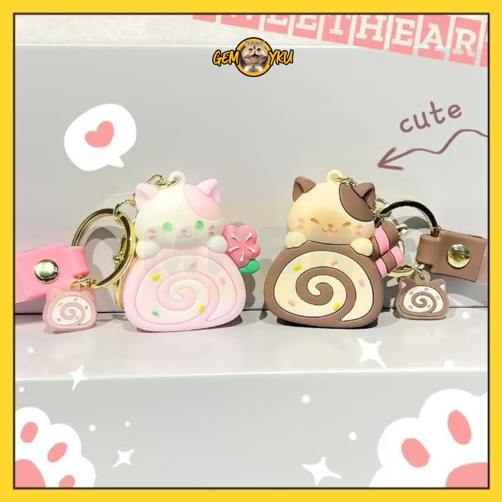 Gantungan Kunci Kucing Roll Cake Sweets GEMOYKU | Ganci Lucu Makanan Dessert Aesthetic Viral Korea