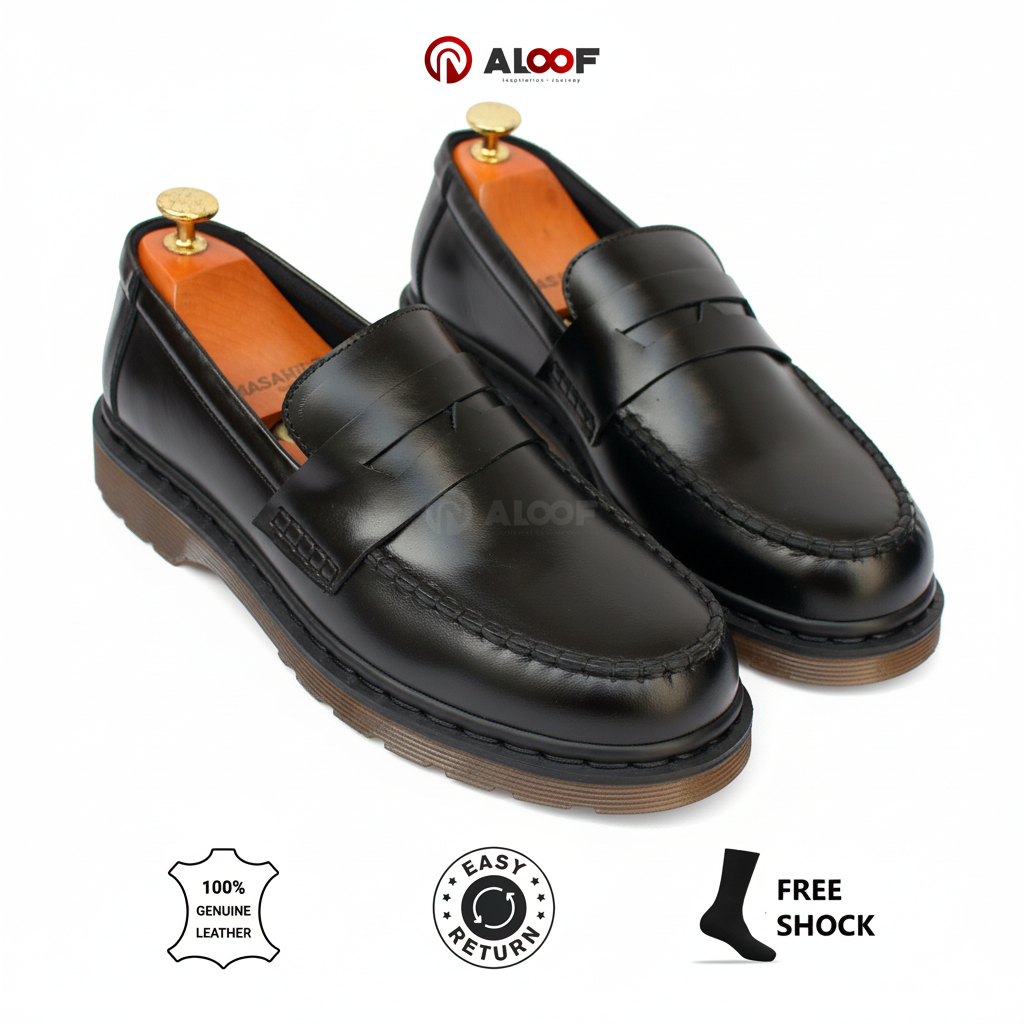 Premium 38-45 Aloof Penny Hitam - Sepatu Loafers Pria Kulit Asli Slip On Original Indonesia